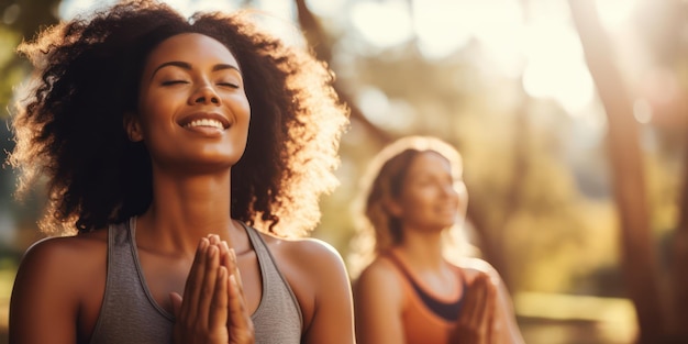 Un groupe de femmes multiethniques étendant les bras en classe de yoga en plein air faisant des exercices de respiration dans le parc