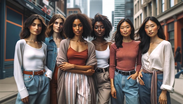 un groupe de femmes multiraciales debout ensemble dans une rue de la ville