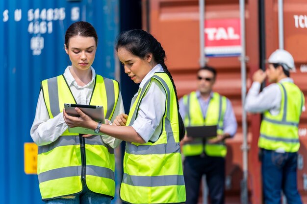 Groupe de femmes ouvrières d'usine de diversité se réunissant pour inspecter la logistique des conteneurs dans un entrepôt local. les personnes asiatiques et blanches de race blanche opèrent sur le site de fret pour la zone d'expédition logistique.