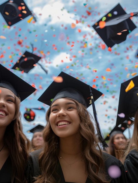 Photo un groupe de femmes portant des casquettes et des robes de diplôme sourient et célèbrent leur diplôme concept d'accomplissement et de joie alors que les diplômés regardent le ciel où les confettis tombent