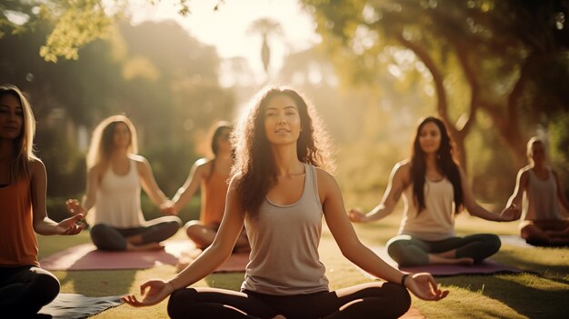 un groupe de femmes en pose de yoga devant un arbre