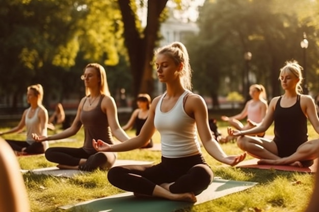 Groupe de femmes pratiquant le yoga au parc Generative Ai