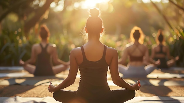 Un groupe de femmes pratiquant le yoga dans un parc elles sont toutes assises en position de lotus et ont les yeux fermés