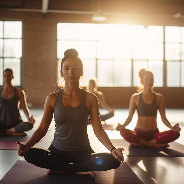 un groupe de femmes pratiquant le yoga dans une salle de sport.