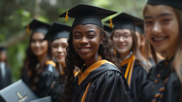 Un groupe de femmes en robe de remise des diplômes posent pour une photo