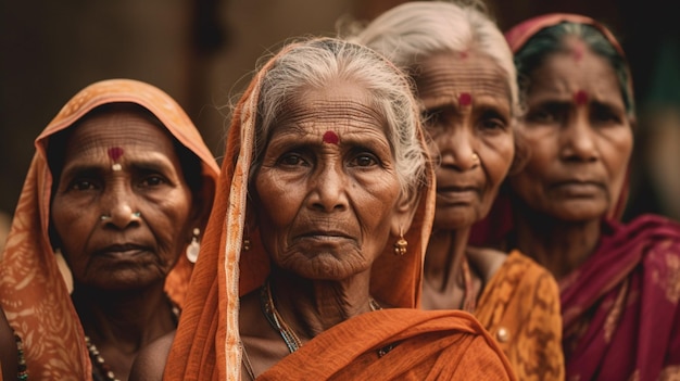 Un groupe de femmes en saris orange font la queue dans une rue.