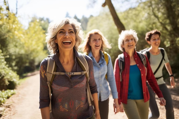 Un groupe de femmes se promènent dans la forêt. L'une d'elles porte un sac à dos.