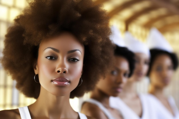 Un groupe de femmes se tient dans une rangée avec leurs cheveux naturels