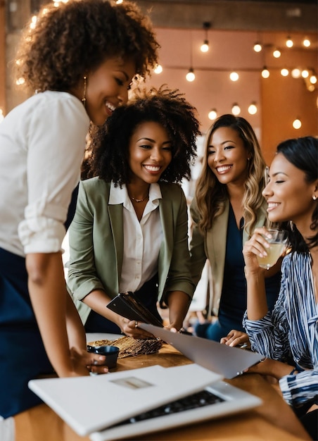 un groupe de femmes sont assises autour d'une table et l'une d'elles tient une tasse de café