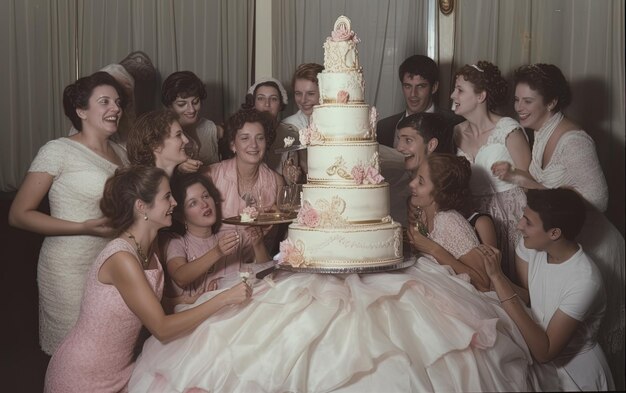 un groupe de femmes sont rassemblées autour d'un gâteau avec des fleurs dessus