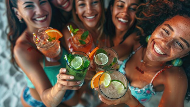 Photo un groupe de femmes sourient et lèvent des verres de boissons.