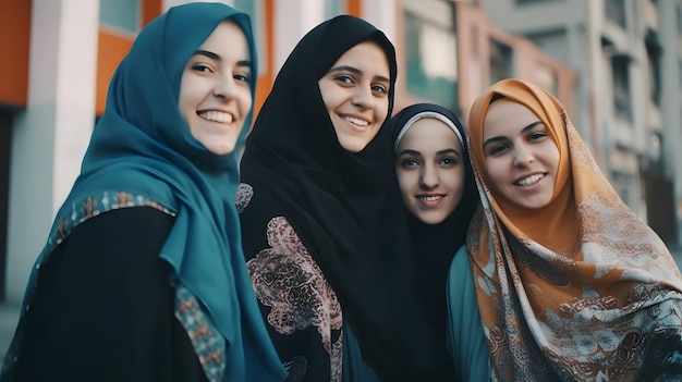 Un groupe de femmes sourient et portent le hijab.