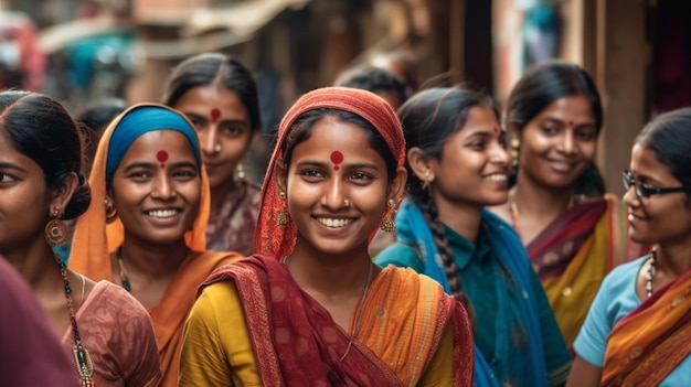 Un groupe de femmes sourient et sourient dans une rue.