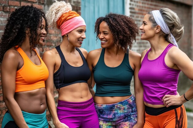 Photo groupe de femmes en tenue de sport souriantes et se regardant ai générative