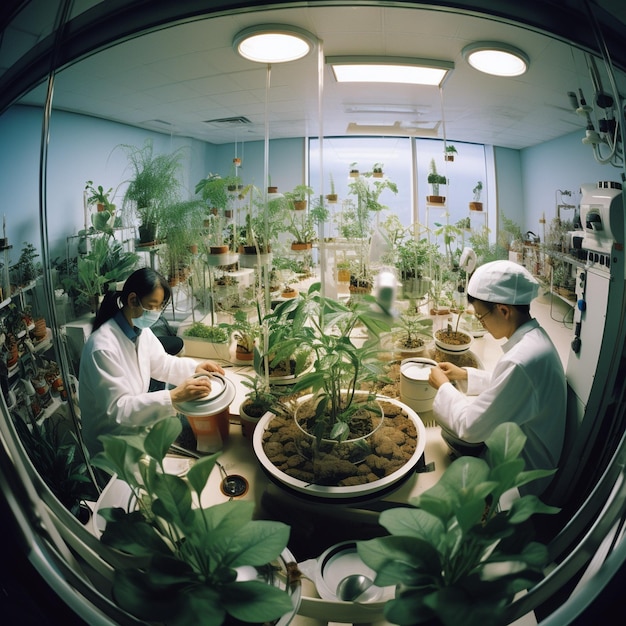 un groupe de femmes travaillant dans une cuisine avec des plantes et une fenêtre.