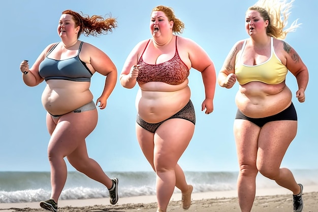 Un groupe de femmes très grosses courant sur la plage un entraînement sportif pour perdre du poids