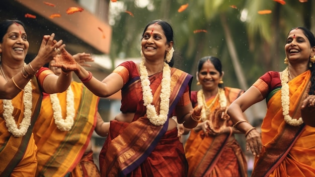 Un groupe de femmes vêtues de saris traditionnels du Kerala exécutant gracieusement la danse Kaikottikali