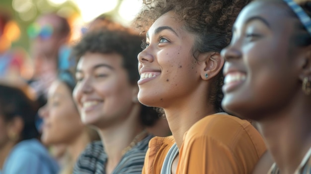 Un groupe de festivaliers enthousiastes écoutent attentivement un orateur sur une scène alors qu'ils éduquent.