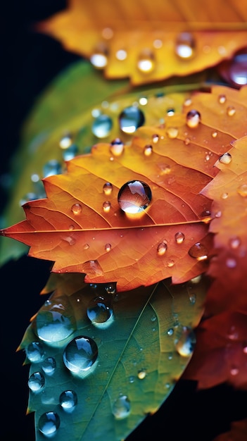 Un groupe de feuilles avec des gouttes d'eau sur elles