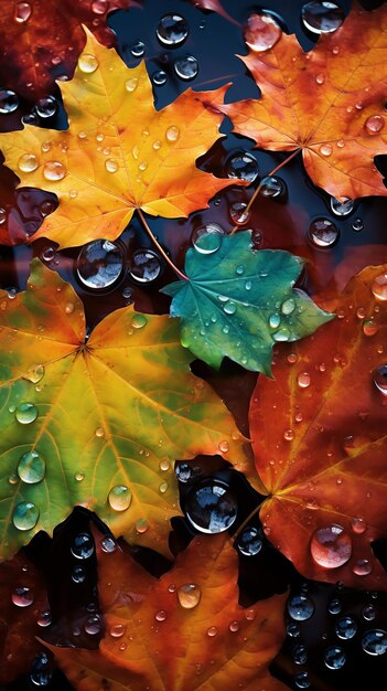 Un groupe de feuilles avec des gouttes d'eau sur elles