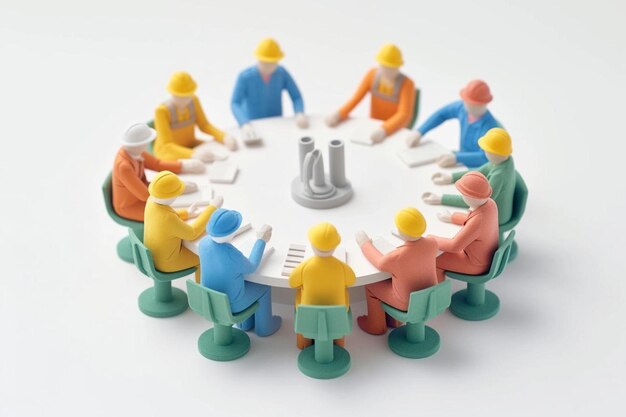 Photo un groupe de figurines assises autour d'une table blanche