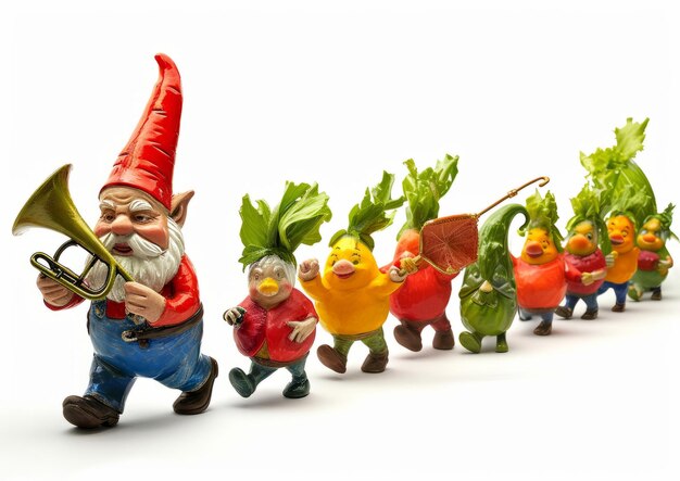 Photo groupe de figurines de gnomes alignées en ligne