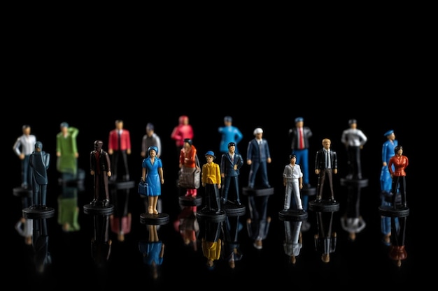 Un groupe de figurines miniatures de personnes, dont l'une d'elles, sont alignées sur une surface noire.