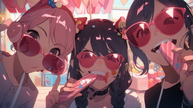 Un groupe de filles anime avec des lunettes de soleil en forme de coeur Image AI générative