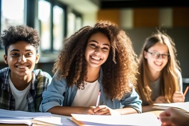 un groupe de filles assises dans une salle de classe, l’une d’elles a le sourire aux lèvres.