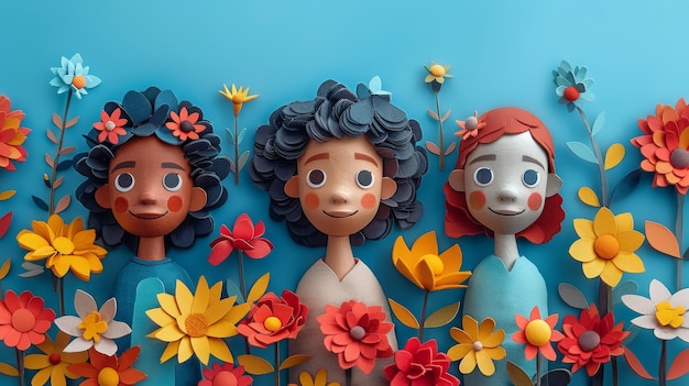 Un groupe de filles avec des fleurs illustration 3D sur fond bleu