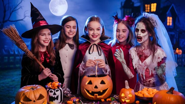 Un groupe de filles habillées en costumes d'Halloween dans un studio