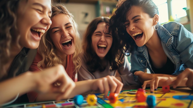 Photo un groupe de filles jouant à un jeu de société avec l'un d'eux jouant un jeu