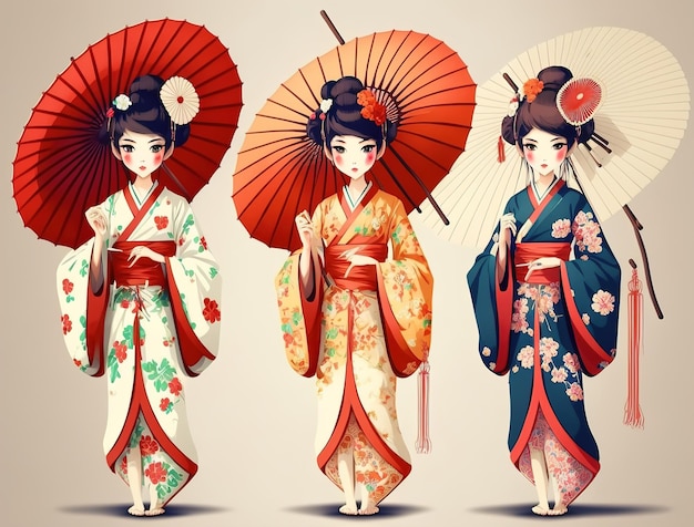 Groupe de filles de manga anime en costume traditionnel de kimono japonais tenant un parapluie en papier
