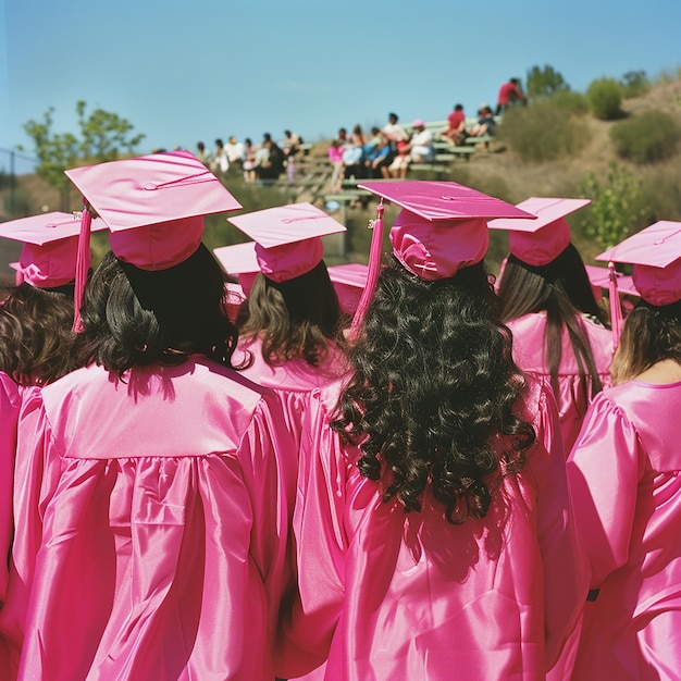 un groupe de filles portant des casquettes et des robes de graduation roses avec les mots