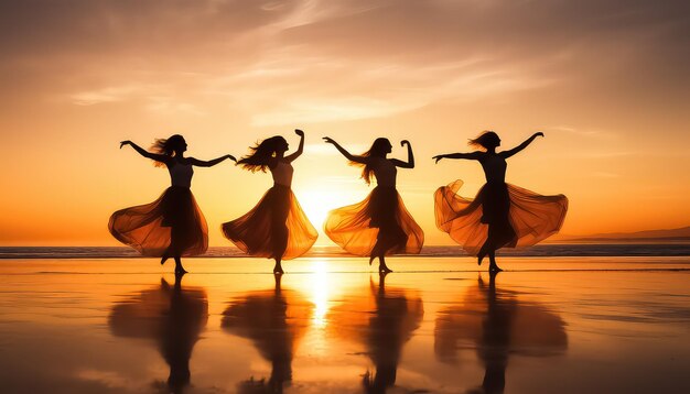 Un groupe de filles en robes dansant sur la plage au coucher du soleil concept de printemps