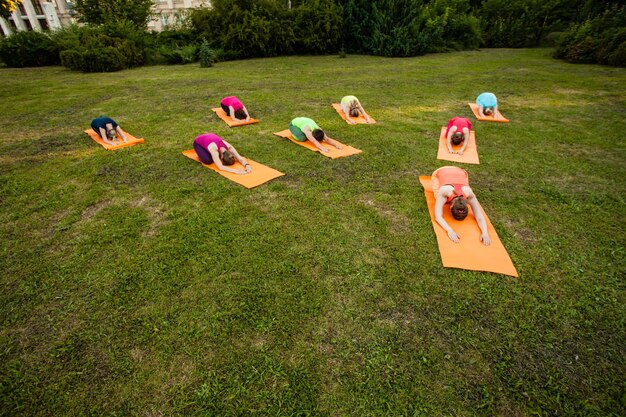 Groupe de filles se relaxant et faisant des poses d'enfants dans le yoga sur une nature