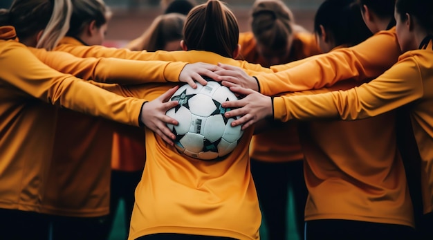 Un groupe de filles en vestes jaunes avec l'un d'eux tenant un ballon de football