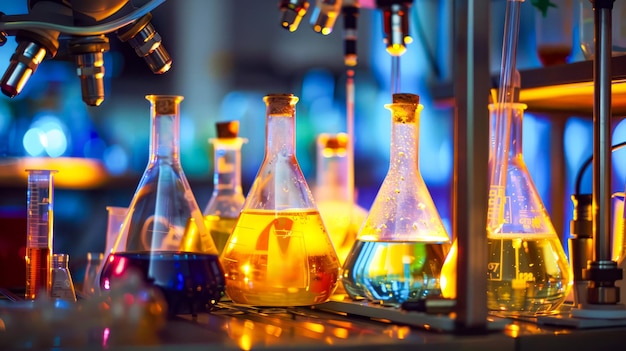 Groupe de flacons de verre remplis de liquide sur le dessus de la table
