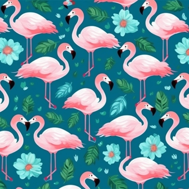 Un groupe de flamants roses debout dans une ligne avec des fleurs et des feuilles génératives ai