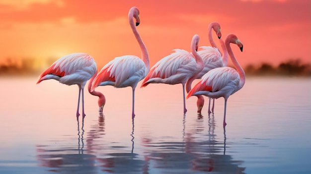 Un groupe de flamants roses pataugeant gracieusement dans un lagon tranquille AI Generative