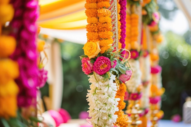 Un groupe de fleurs accrochées à un poteau à l'extérieur Un mariage indien coloré avec un mandap décoré et des guirlandes de fleurs vibrantes