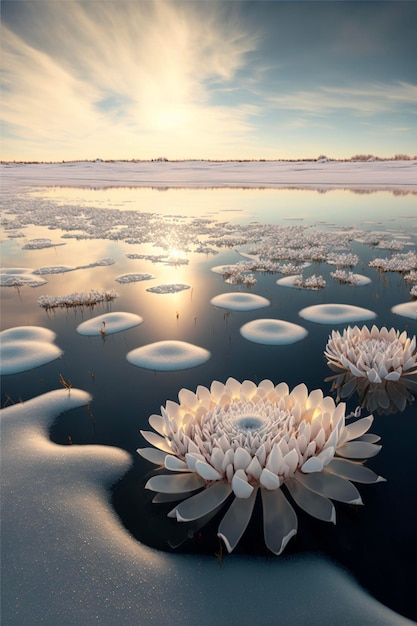 Groupe de fleurs blanches flottant au-dessus d'un plan d'eau ai génératif