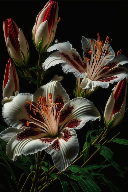 Groupe de fleurs blanches et rouges sur fond noir ai générative