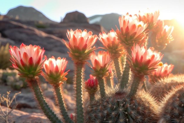 Un groupe de fleurs de cactus en fleurs au lever du soleil créé avec une IA générative