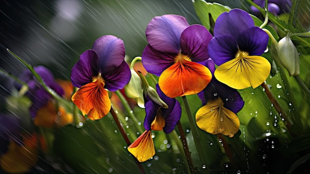 Un groupe de fleurs colorées sous la pluie