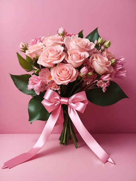 Groupe de fleurs de couleur rose et blanche en style bouquet avec ruban rose