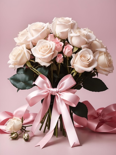 Groupe de fleurs de couleur rose et blanche en style bouquet avec ruban rose