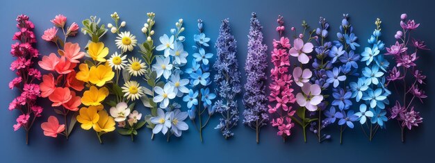 Un groupe de fleurs multicolores sur un fond bleu