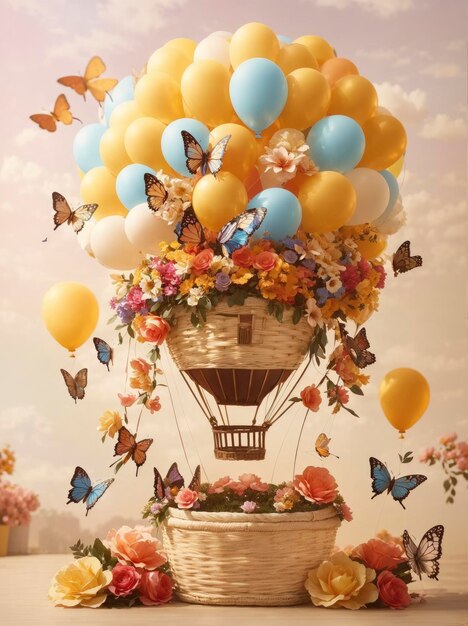 Un groupe de fleurs et de papillons flottant dans les airs comme un ballon