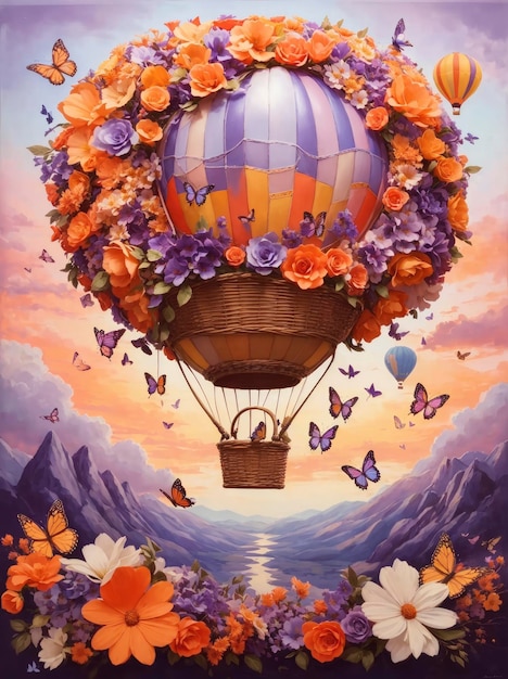 Un groupe de fleurs et de papillons flottant dans les airs comme un ballon